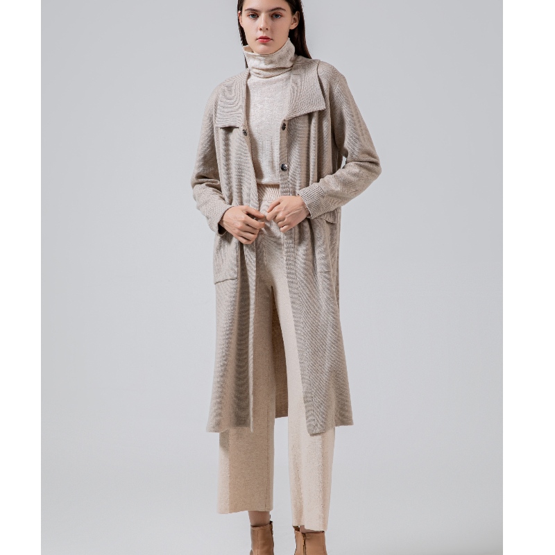 Cardigan lungo a maglia casual alla moda con risvolti di lana 69035#