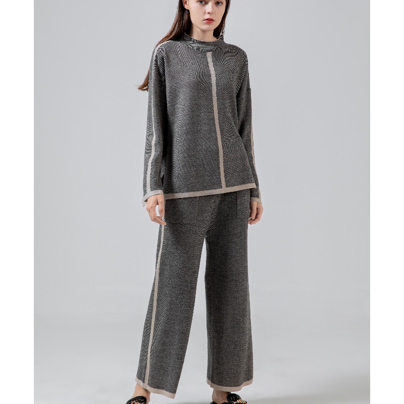 Biancheria di lana semplice casual alla moda a maglia due pezzi con un colletto di linea Set 69055#